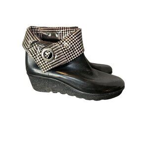 Sperry Women's 9 Top Sider Houndstooth Rubber Rain Ankle Booties Wedge Heel